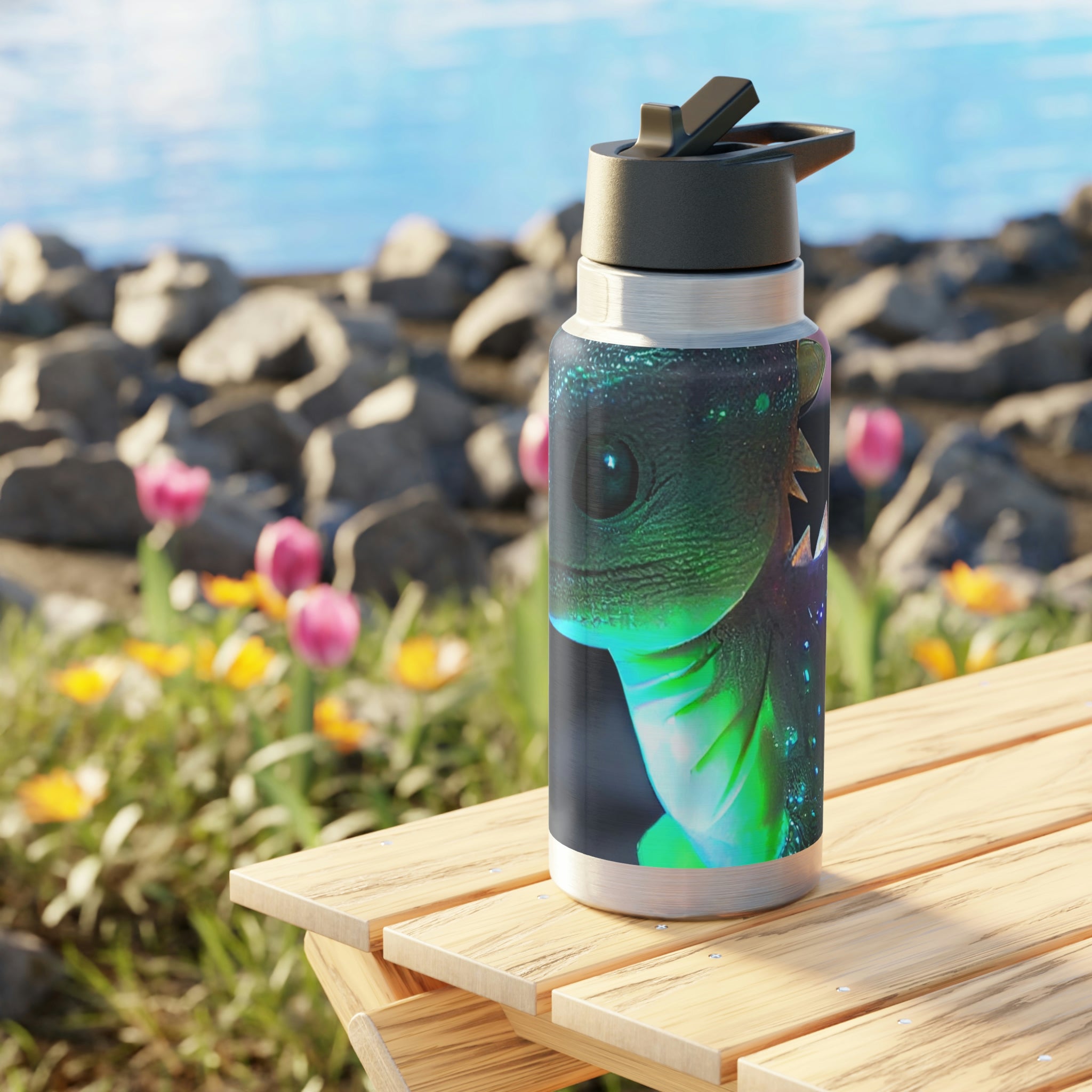 Feathered Dragon Gator Tumbler in stainless steel with a black screw-on cap and plastic straw, showcasing a vibrant custom design.