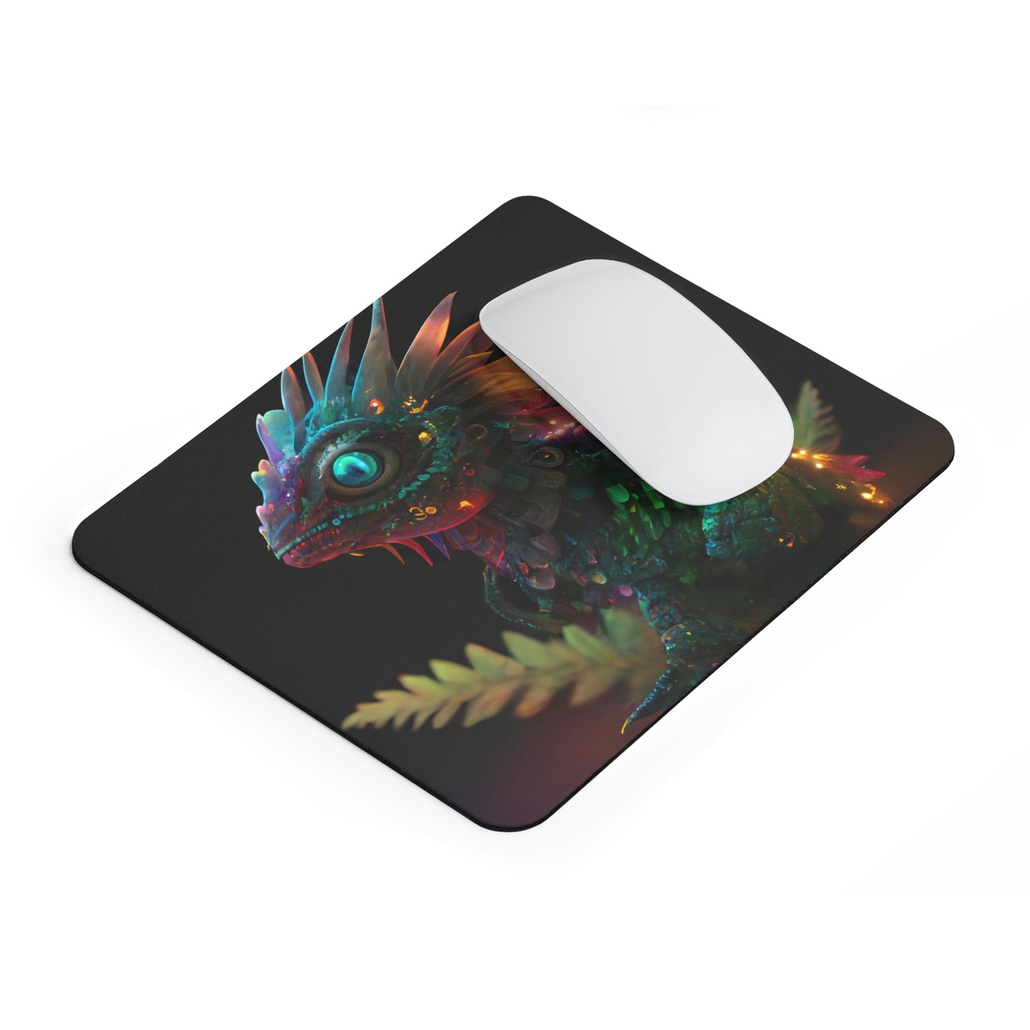 Feathered Dragon Mouse Pad featuring a vibrant dragon design on a smooth surface with a non-slip rubber base.