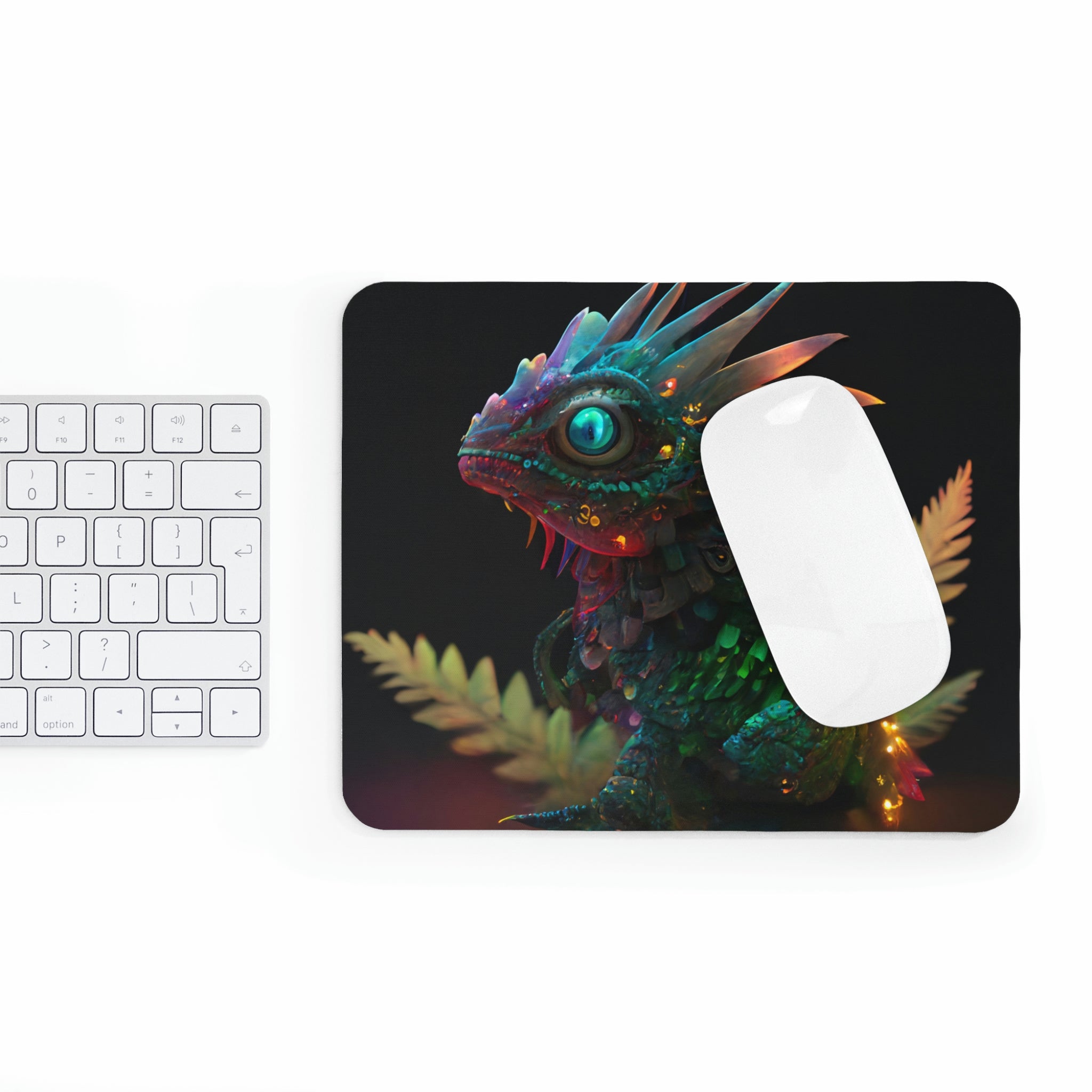 Feathered Dragon Mouse Pad featuring a vibrant dragon design on a smooth surface with a non-slip rubber base.