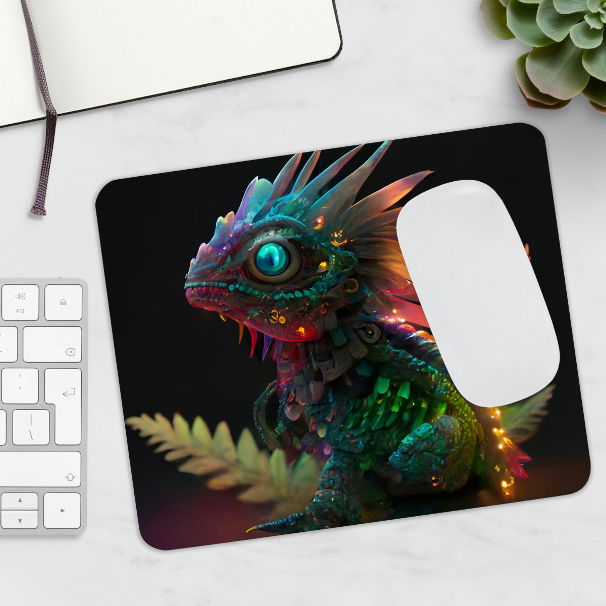 Feathered Dragon Mouse Pad featuring a vibrant dragon design on a smooth surface with a non-slip rubber base.