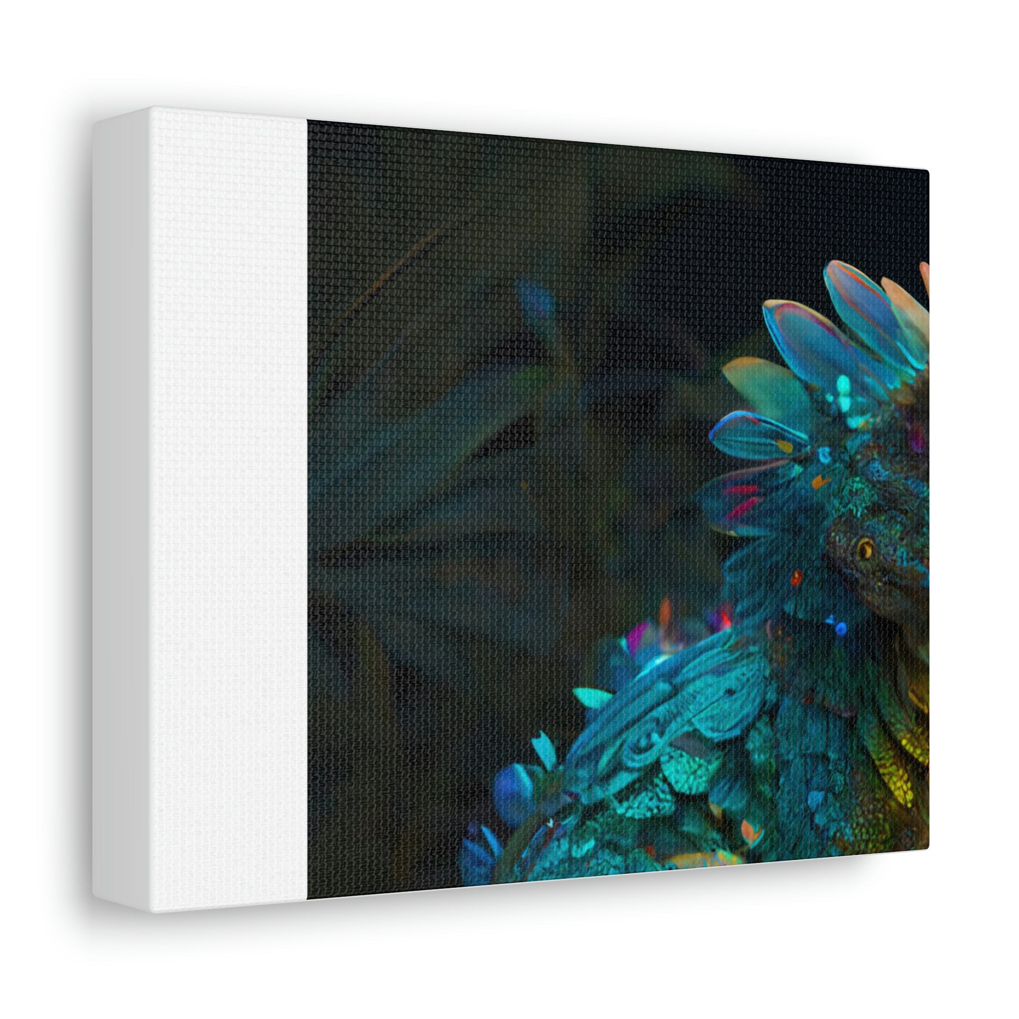 A vibrant Feathered Dragon design printed on a stretched canvas, showcasing intricate details and rich colors on a wooden frame.