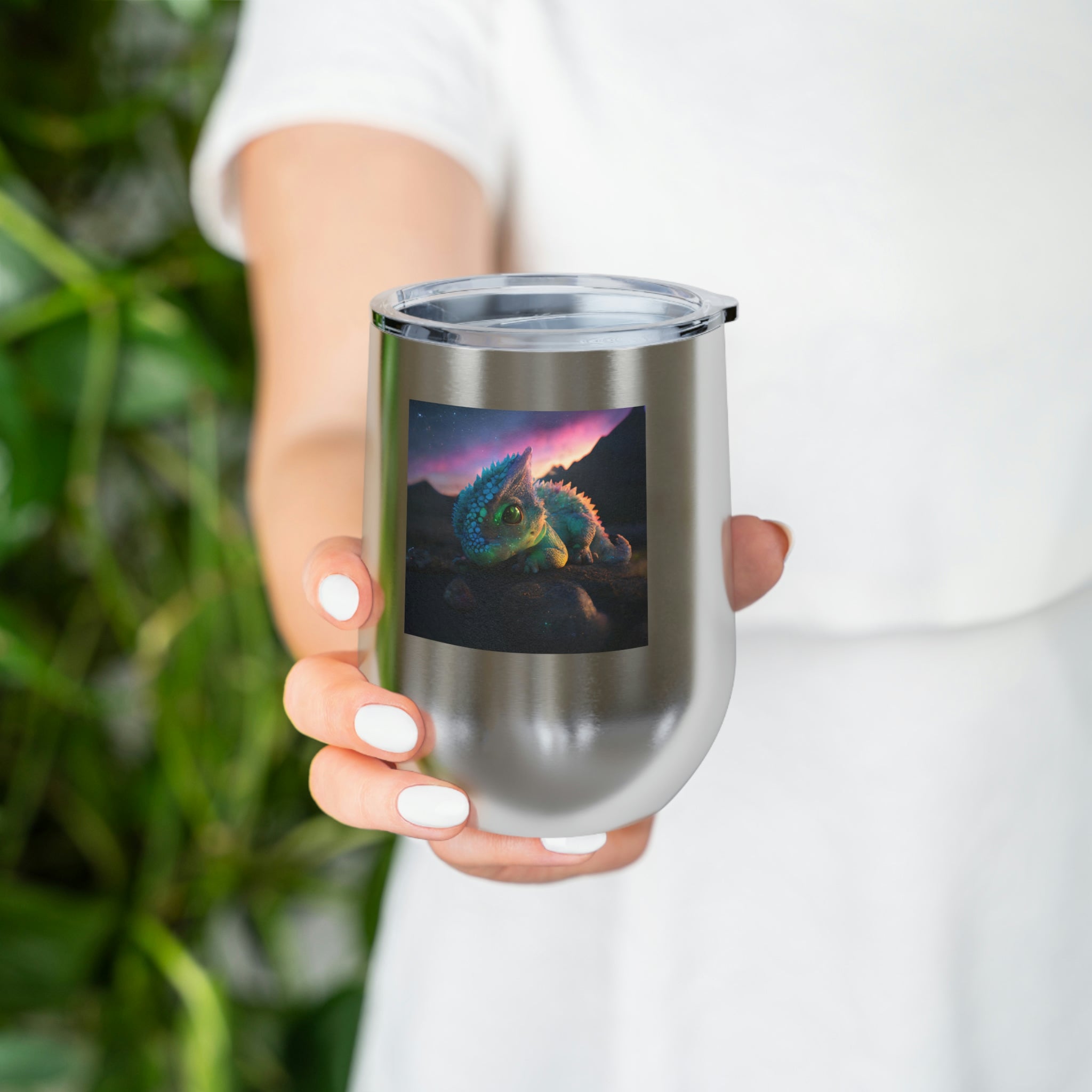 Feathered Dragon Wine Tumbler with clear lid, showcasing unique design and double insulation.