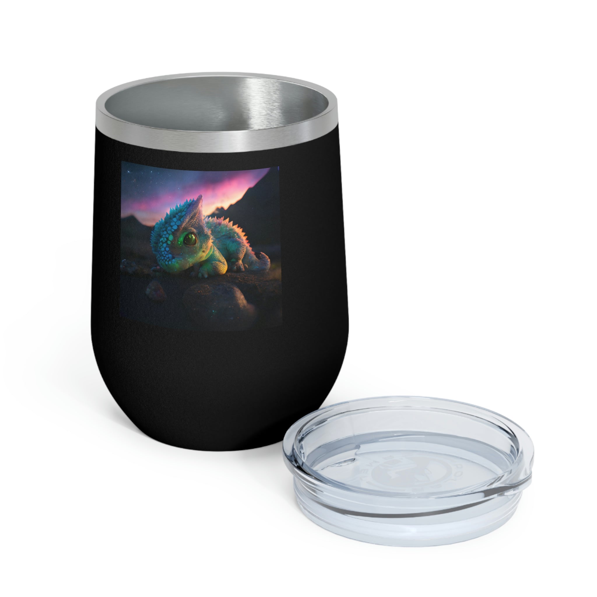 Feathered Dragon Wine Tumbler with clear lid, showcasing unique design and double insulation.