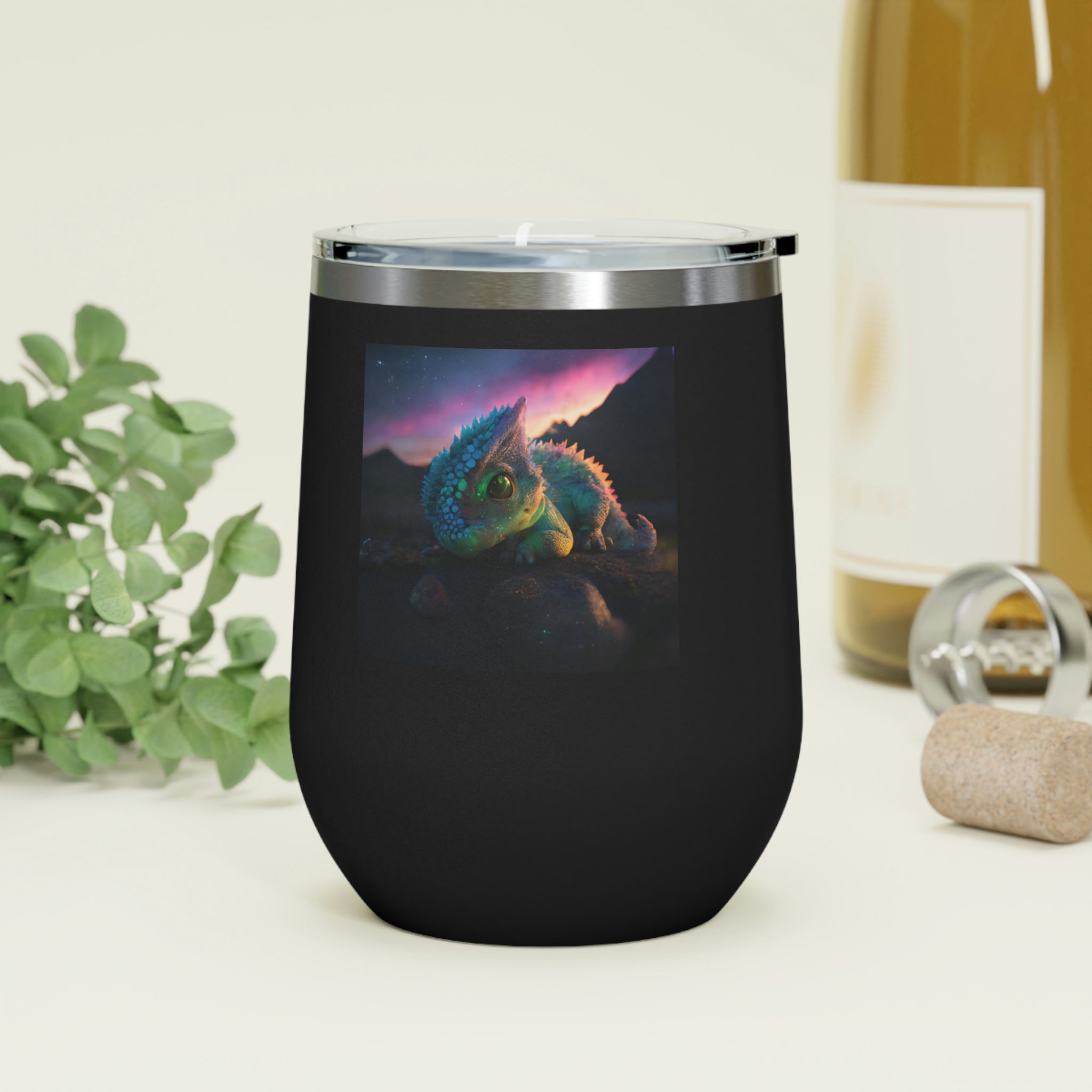 Feathered Dragon Wine Tumbler with clear lid, showcasing unique design and double insulation.