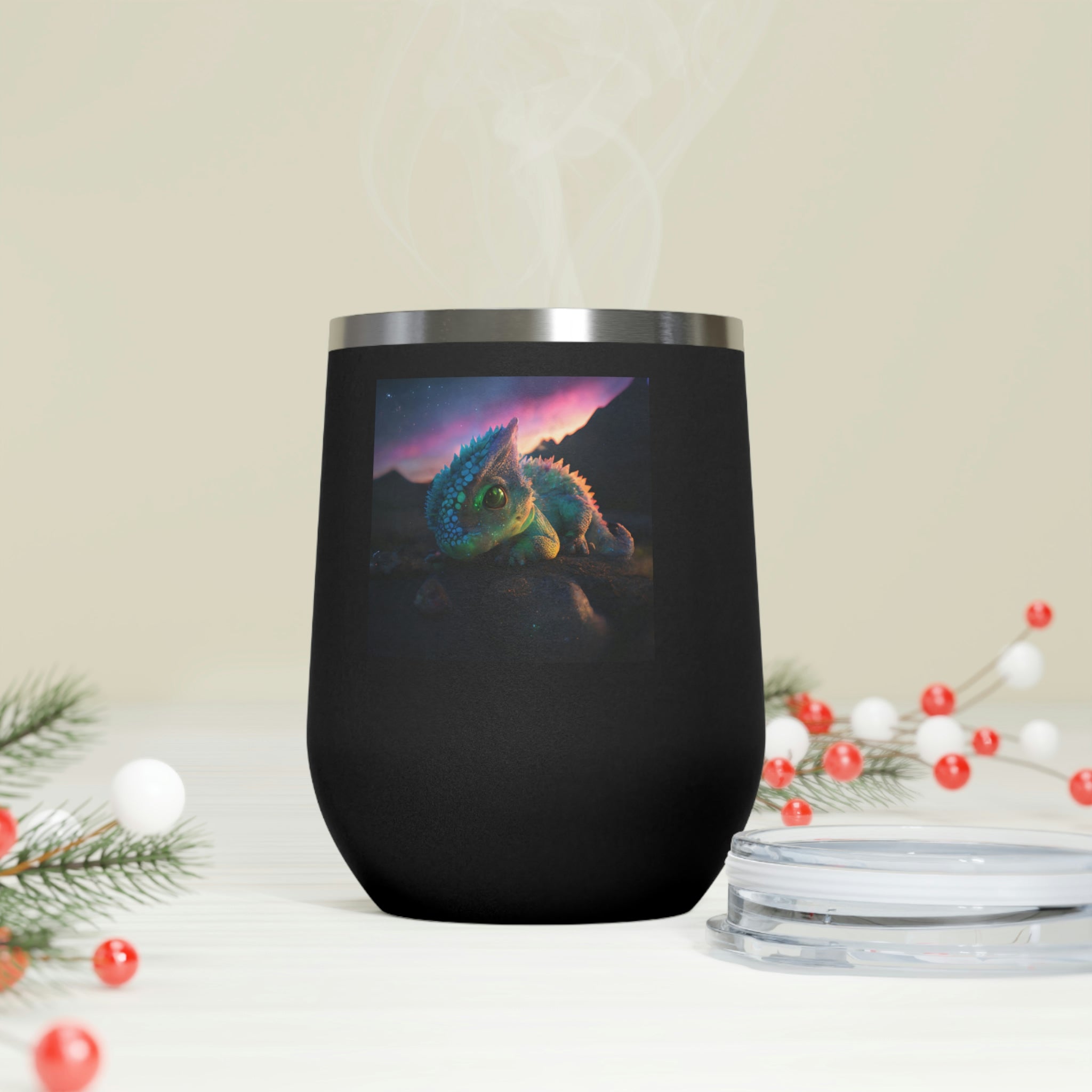 Feathered Dragon Wine Tumbler with clear lid, showcasing unique design and double insulation.