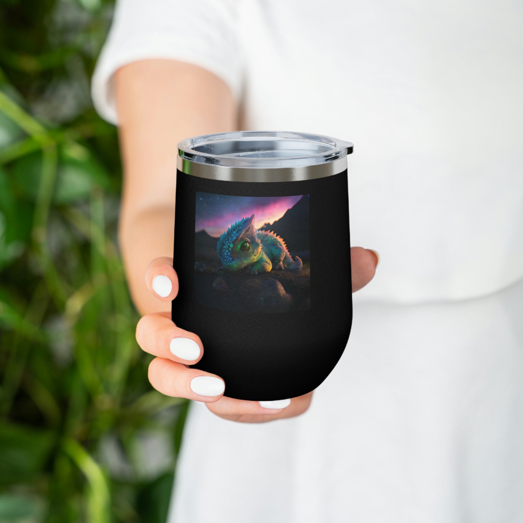 Feathered Dragon Wine Tumbler with clear lid, showcasing unique design and double insulation.