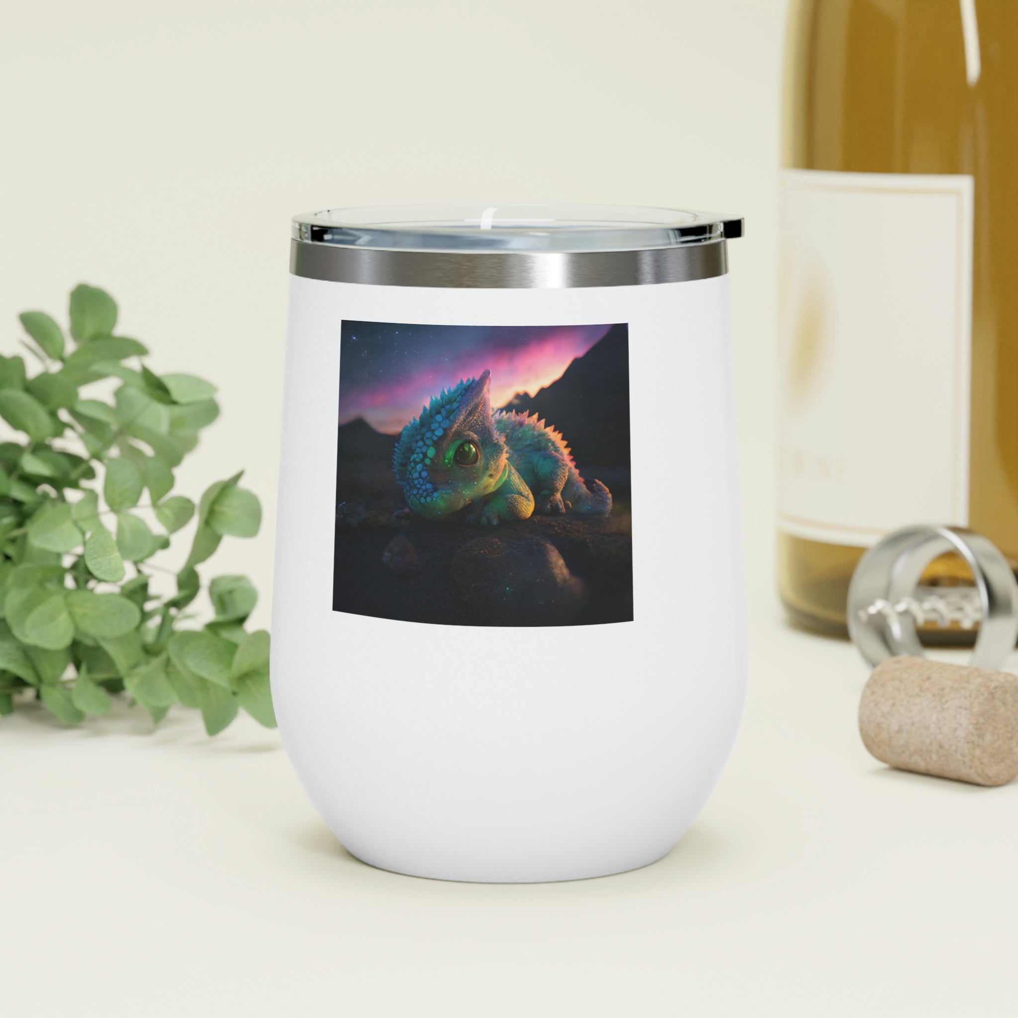 Feathered Dragon Wine Tumbler with clear lid, showcasing unique design and double insulation.