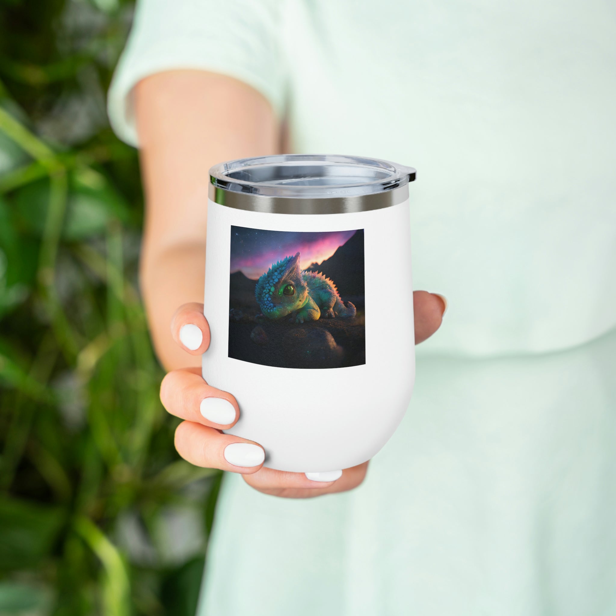 Feathered Dragon Wine Tumbler with clear lid, showcasing unique design and double insulation.