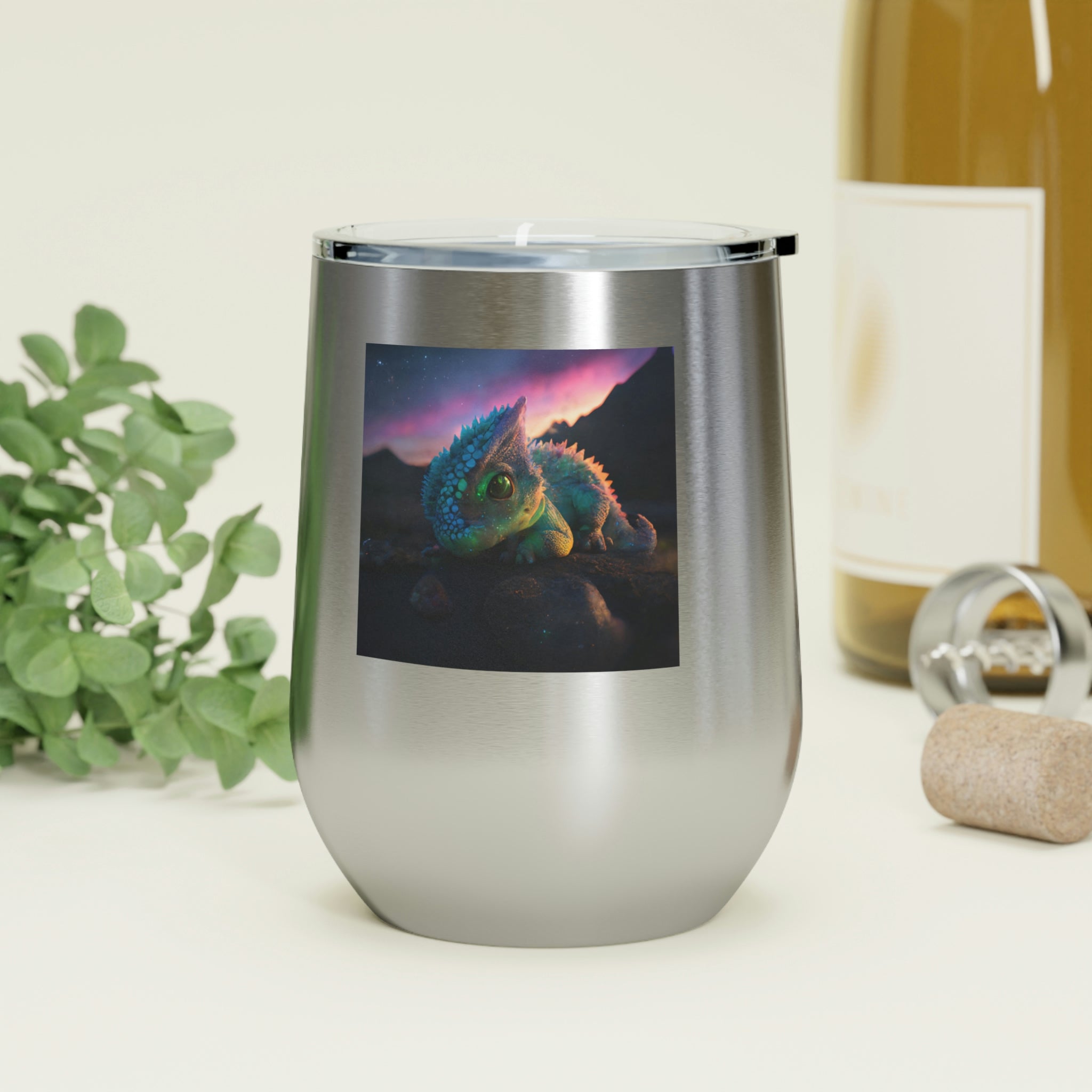 Feathered Dragon Wine Tumbler with clear lid, showcasing unique design and double insulation.