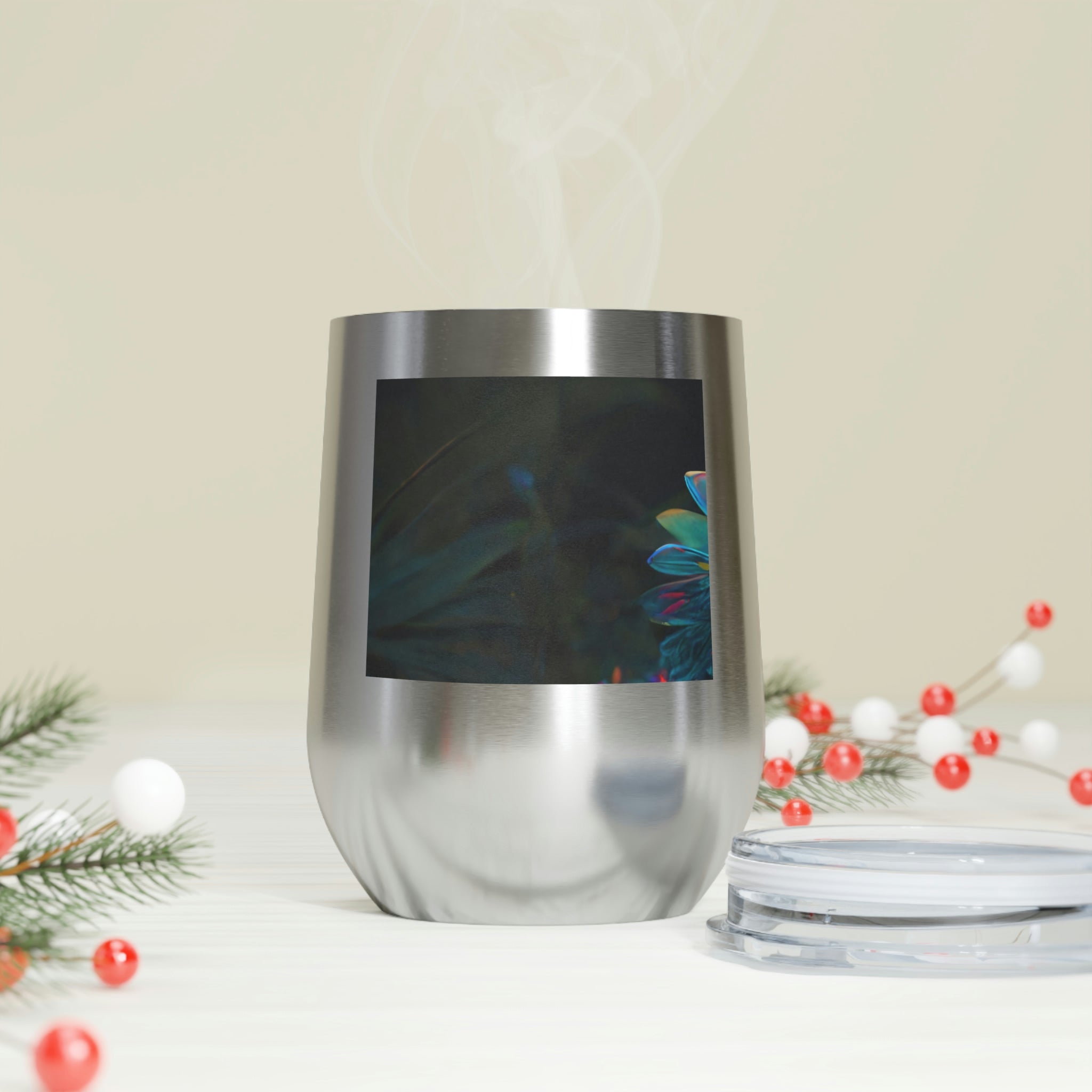 Feathered Dragon Wine Tumbler with vibrant design and clear lid, perfect for hot and cold beverages.