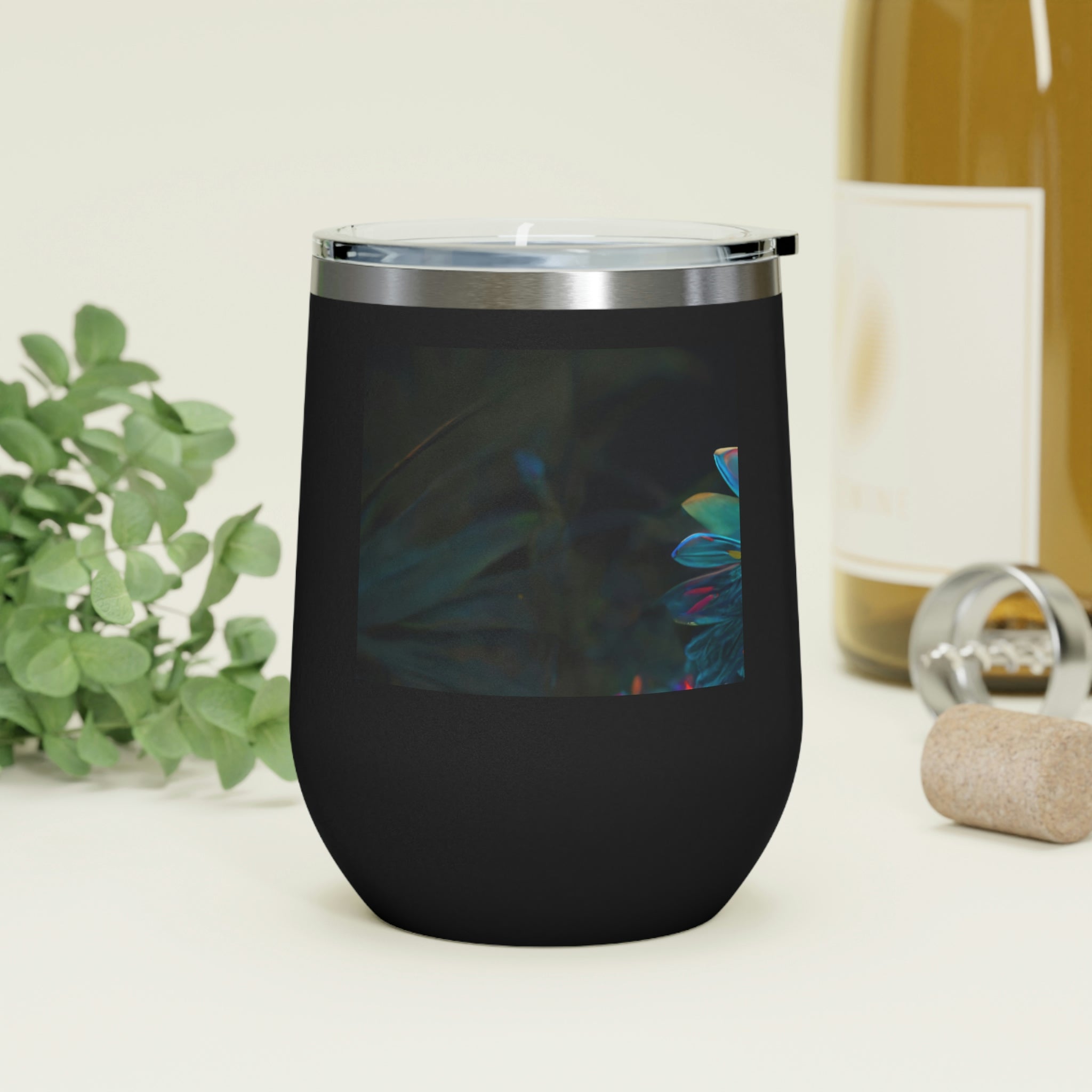 Feathered Dragon Wine Tumbler with vibrant design and clear lid, perfect for hot and cold beverages.