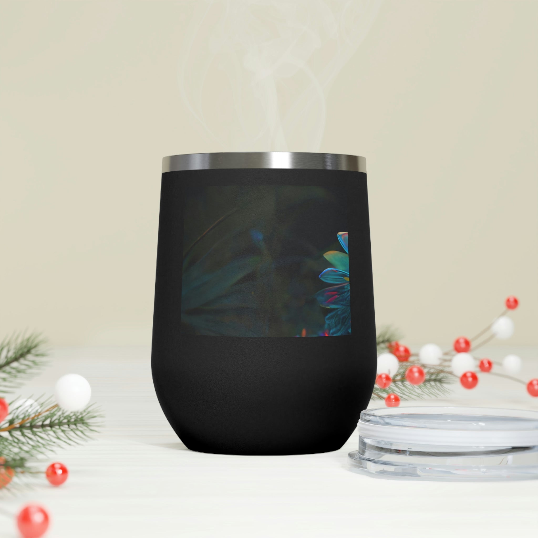 Feathered Dragon Wine Tumbler with vibrant design and clear lid, perfect for hot and cold beverages.