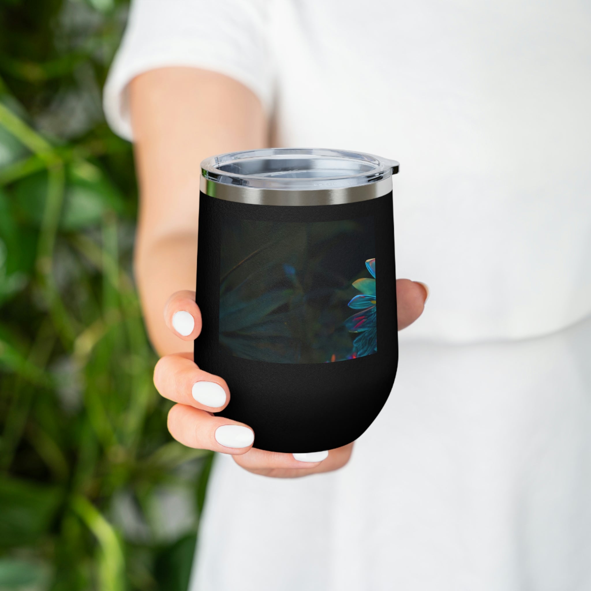 Feathered Dragon Wine Tumbler with vibrant design and clear lid, perfect for hot and cold beverages.