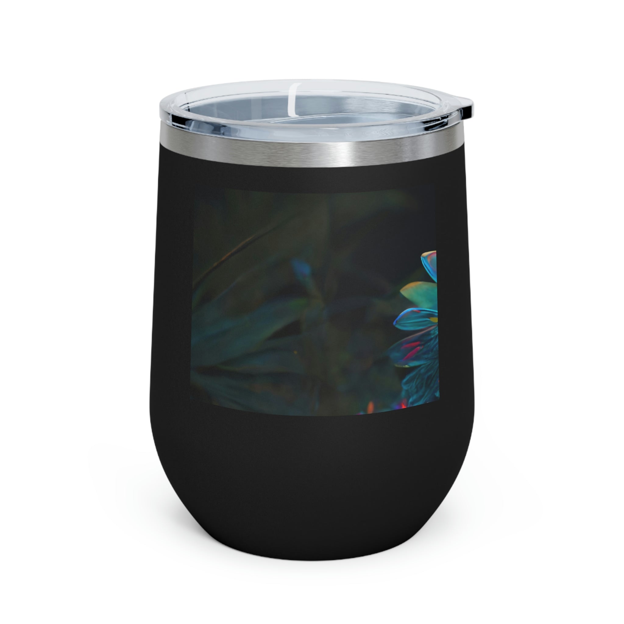 Feathered Dragon Wine Tumbler with vibrant design and clear lid, perfect for hot and cold beverages.