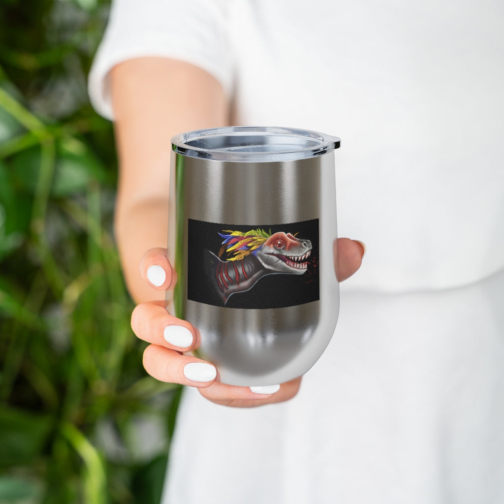 Feathered Raptor 12oz Insulated Wine Tumbler with clear lid, showcasing its stylish design and stainless steel finish.