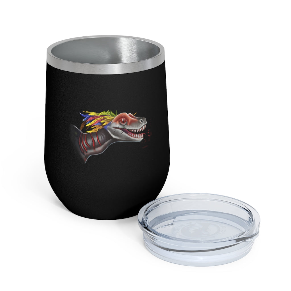 Feathered Raptor 12oz Insulated Wine Tumbler with clear lid, showcasing its stylish design and stainless steel finish.