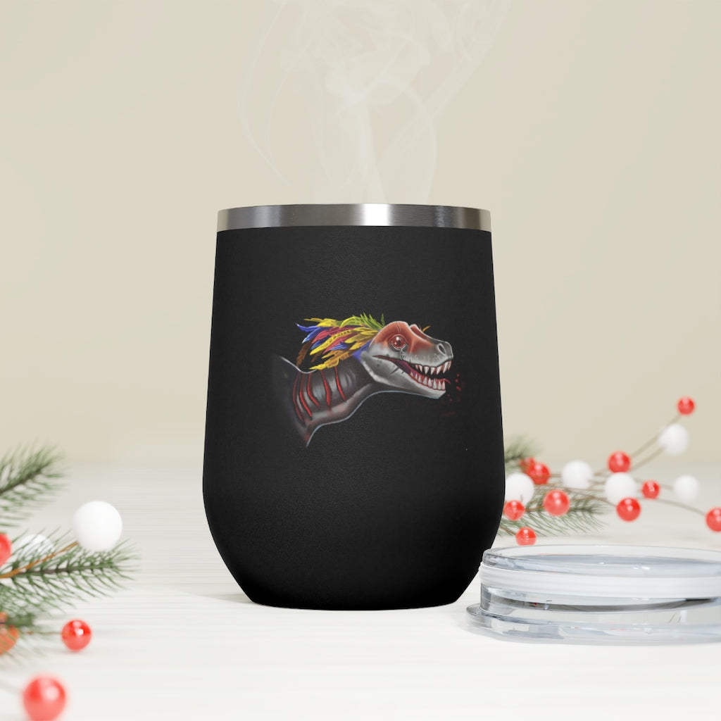 Feathered Raptor 12oz Insulated Wine Tumbler with clear lid, showcasing its stylish design and stainless steel finish.