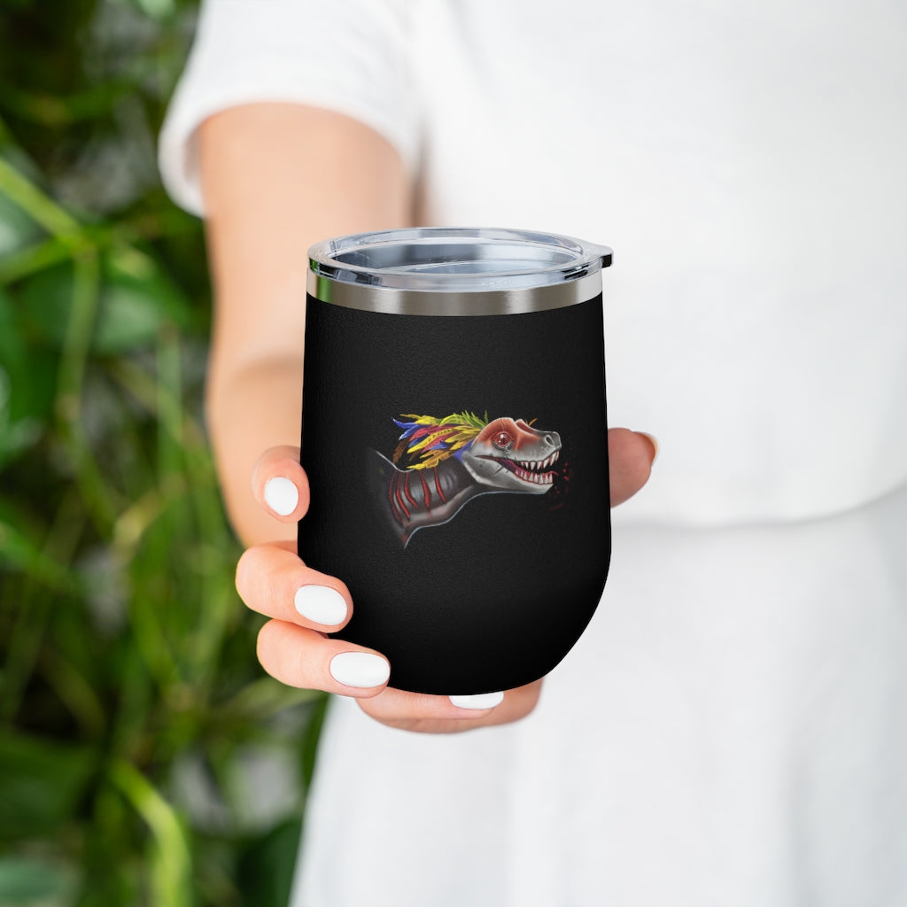 Feathered Raptor 12oz Insulated Wine Tumbler with clear lid, showcasing its stylish design and stainless steel finish.