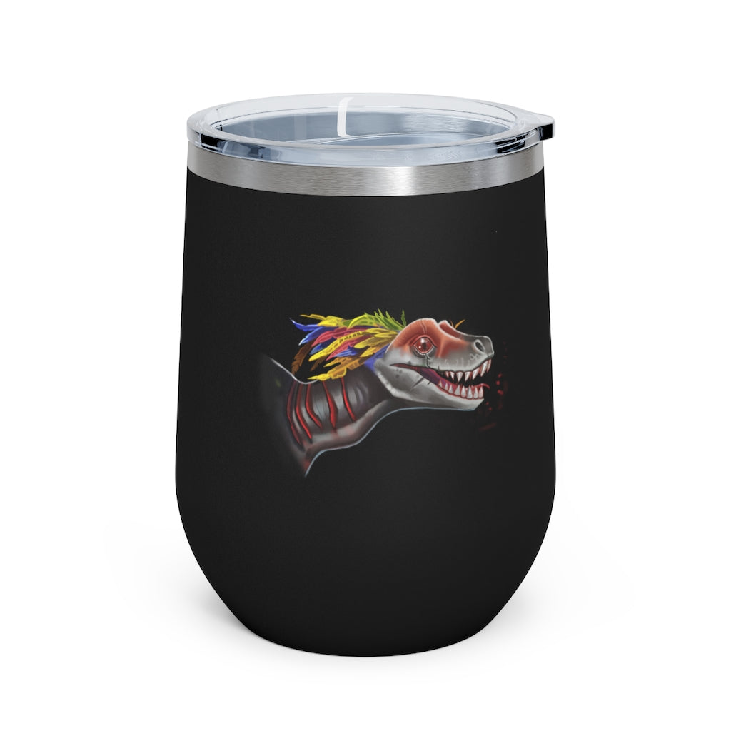 Feathered Raptor 12oz Insulated Wine Tumbler with clear lid, showcasing its stylish design and stainless steel finish.