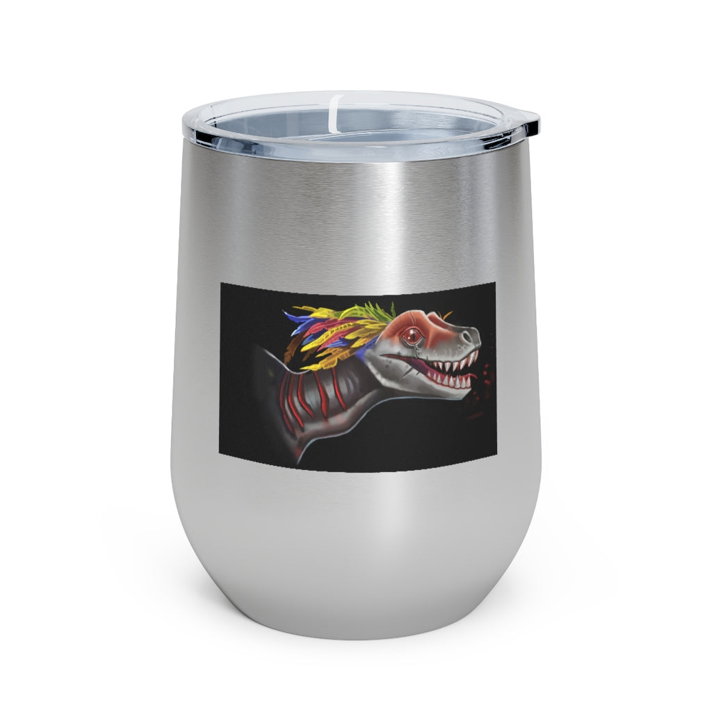 Feathered Raptor 12oz Insulated Wine Tumbler with clear lid, showcasing its stylish design and stainless steel finish.