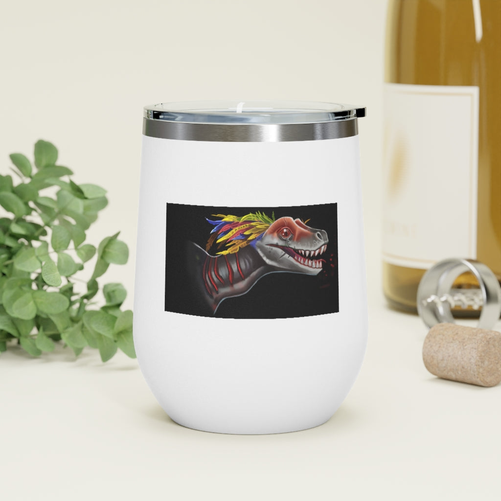 Feathered Raptor 12oz Insulated Wine Tumbler with clear lid, showcasing its stylish design and stainless steel finish.