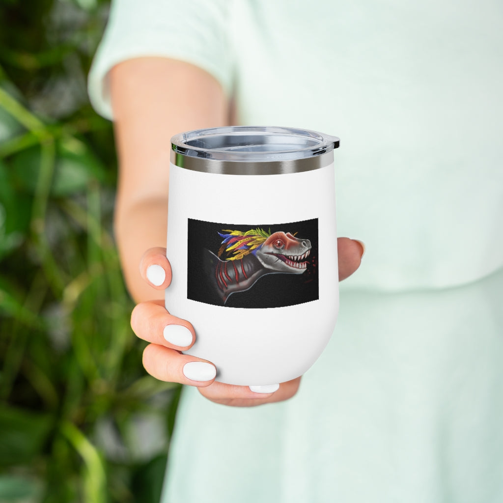 Feathered Raptor 12oz Insulated Wine Tumbler with clear lid, showcasing its stylish design and stainless steel finish.