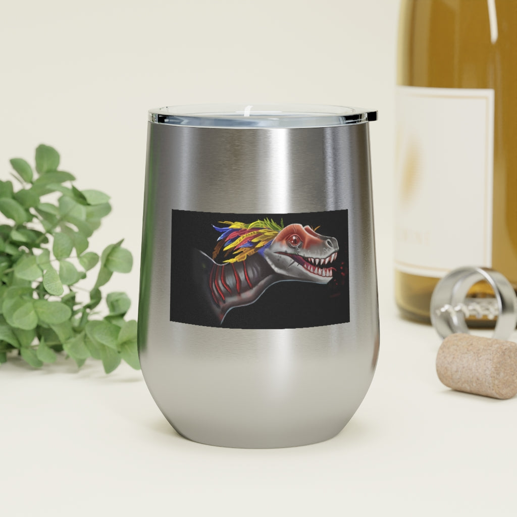 Feathered Raptor 12oz Insulated Wine Tumbler with clear lid, showcasing its stylish design and stainless steel finish.