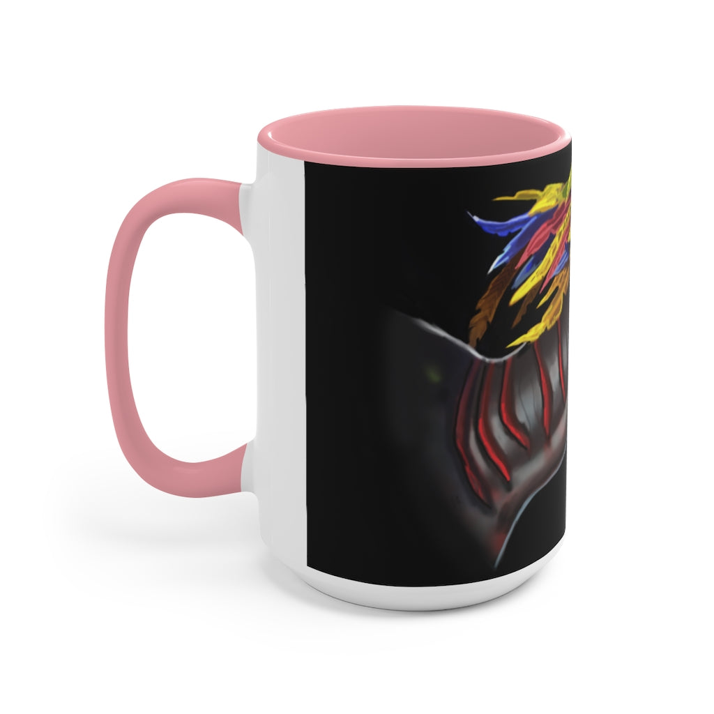 Feathered Raptor Accent Mug showcasing a white ceramic body with a colored interior and handle, available in red, pink, and black options.