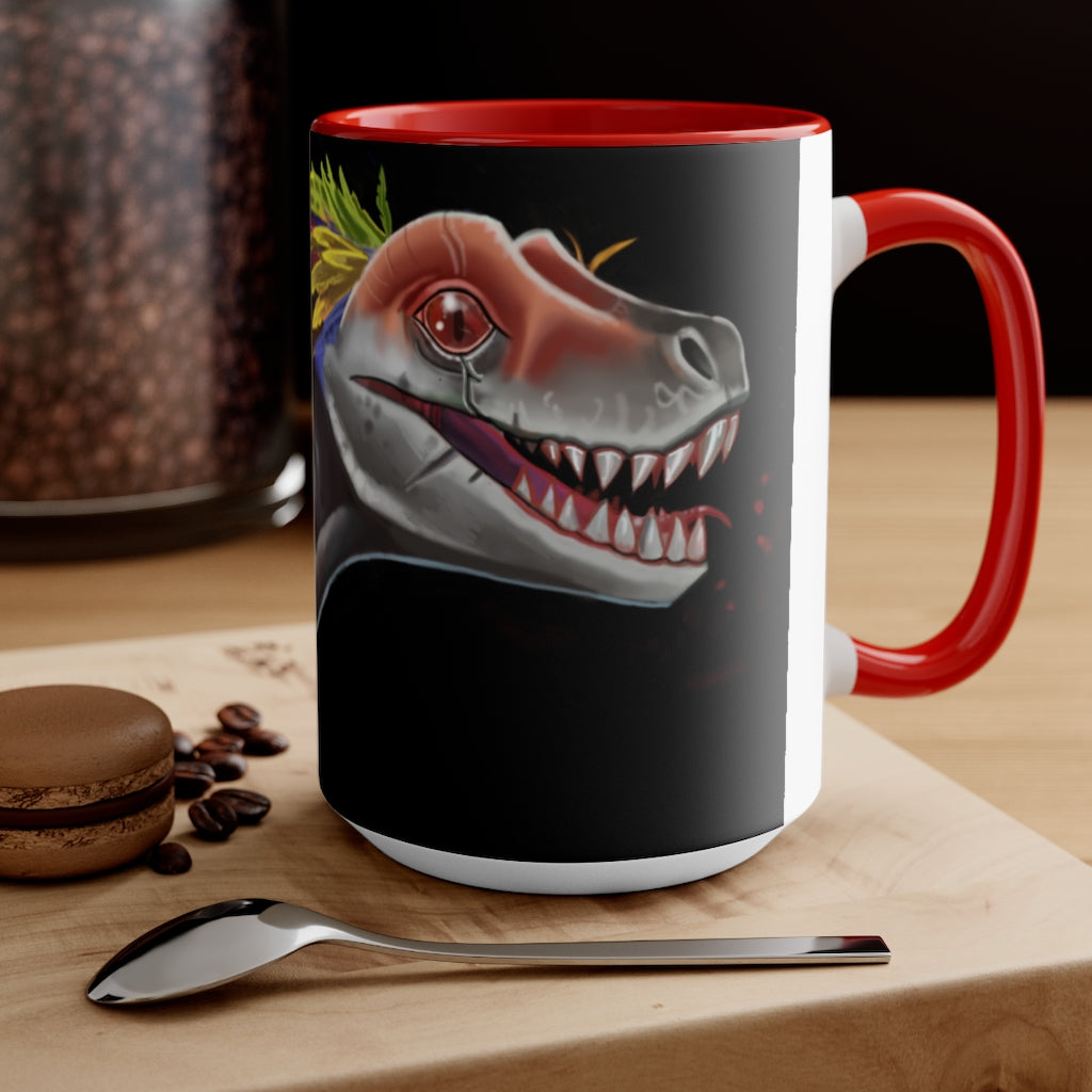 Feathered Raptor Accent Mug showcasing a white ceramic body with a colored interior and handle, available in red, pink, and black options.