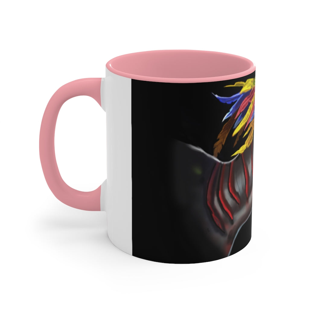 Feathered Raptor Accent Mug showcasing a white ceramic body with a colored interior and handle, available in red, pink, and black options.