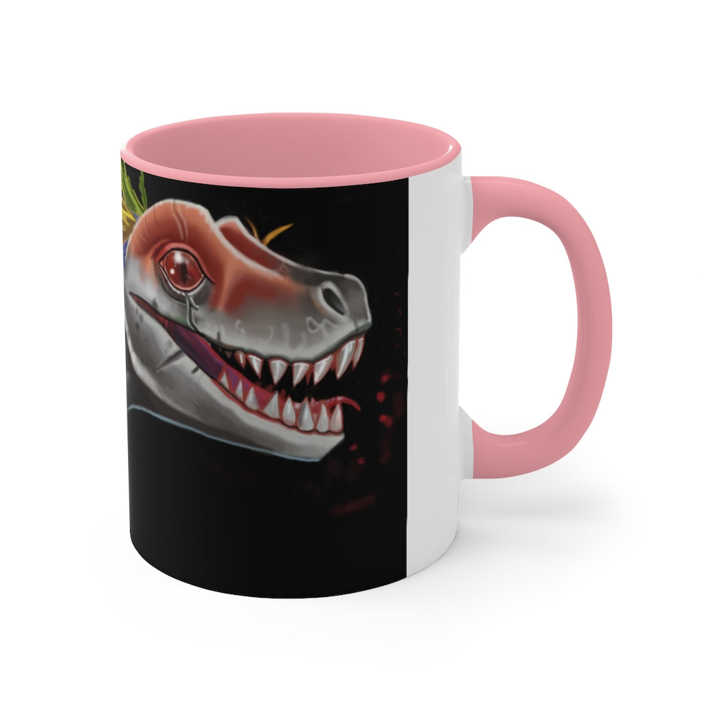 Feathered Raptor Accent Mug showcasing a white ceramic body with a colored interior and handle, available in red, pink, and black options.