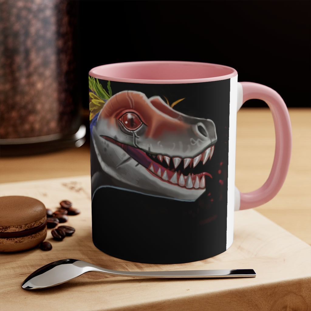 Feathered Raptor Accent Mug showcasing a white ceramic body with a colored interior and handle, available in red, pink, and black options.