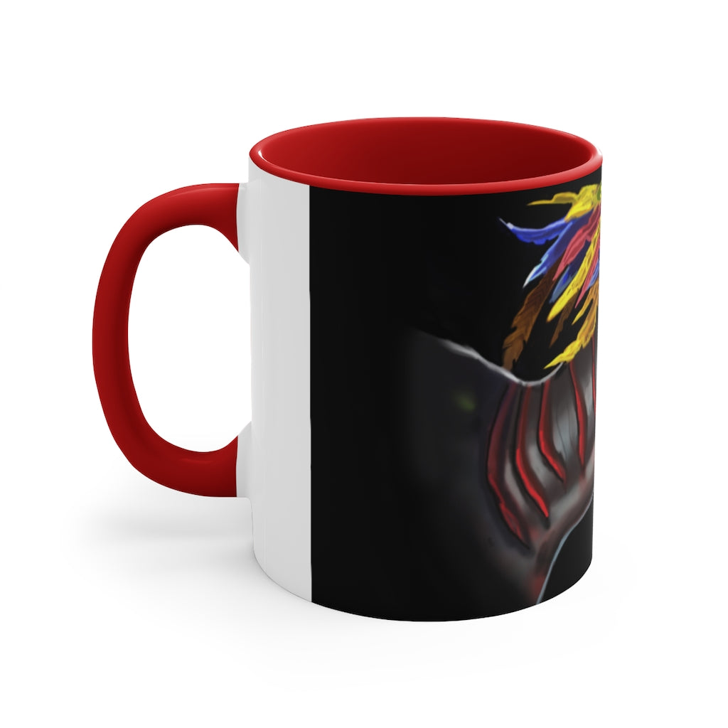 Feathered Raptor Accent Mug showcasing a white ceramic body with a colored interior and handle, available in red, pink, and black options.