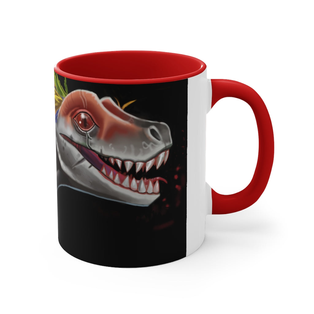 Feathered Raptor Accent Mug showcasing a white ceramic body with a colored interior and handle, available in red, pink, and black options.