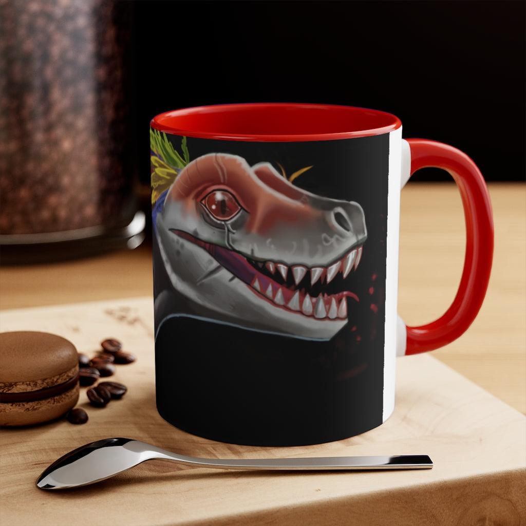 Feathered Raptor Accent Mug showcasing a white ceramic body with a colored interior and handle, available in red, pink, and black options.