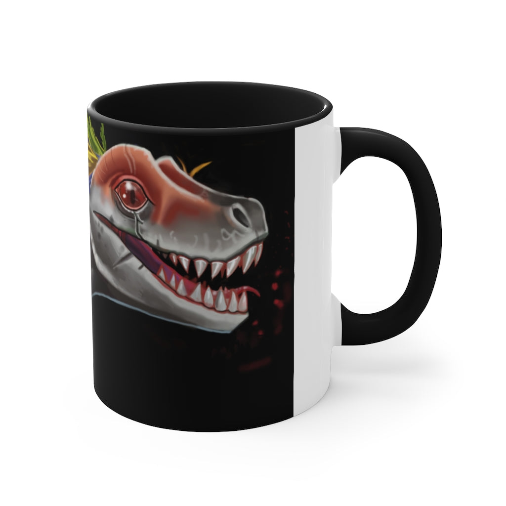 Feathered Raptor Accent Mug showcasing a white ceramic body with a colored interior and handle, available in red, pink, and black options.