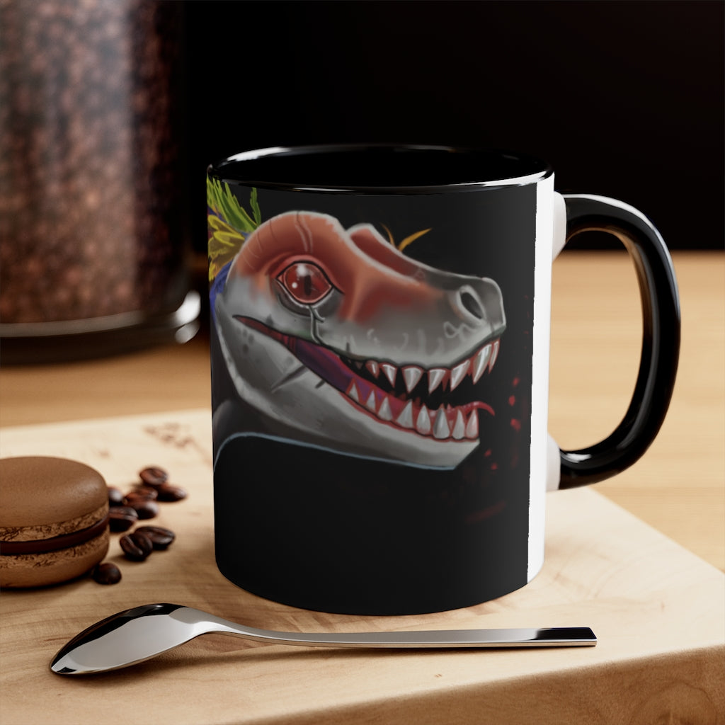 Feathered Raptor Accent Mug showcasing a white ceramic body with a colored interior and handle, available in red, pink, and black options.