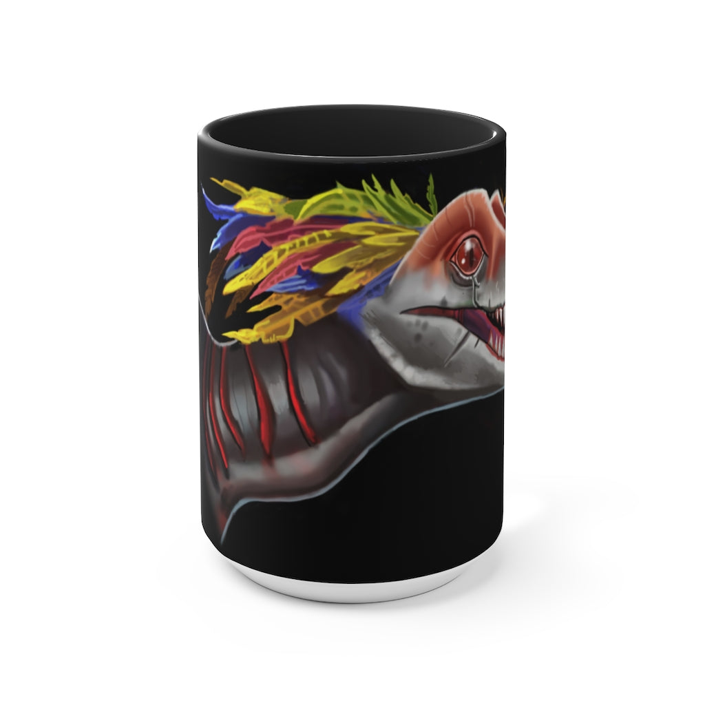 Feathered Raptor Accent Mug showcasing a white ceramic body with a colored interior and handle, available in red, pink, and black options.