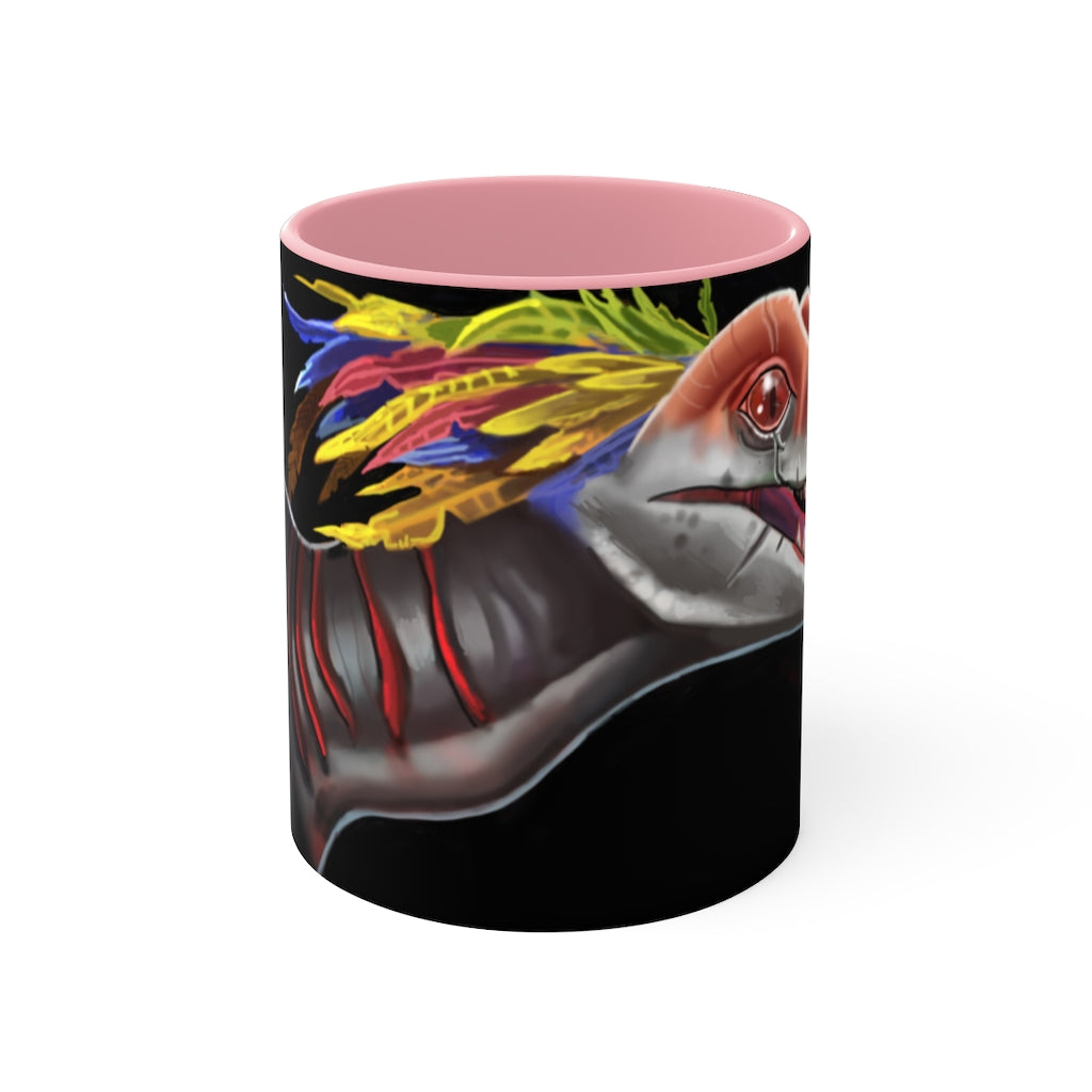 Feathered Raptor Accent Mug showcasing a white ceramic body with a colored interior and handle, available in red, pink, and black options.