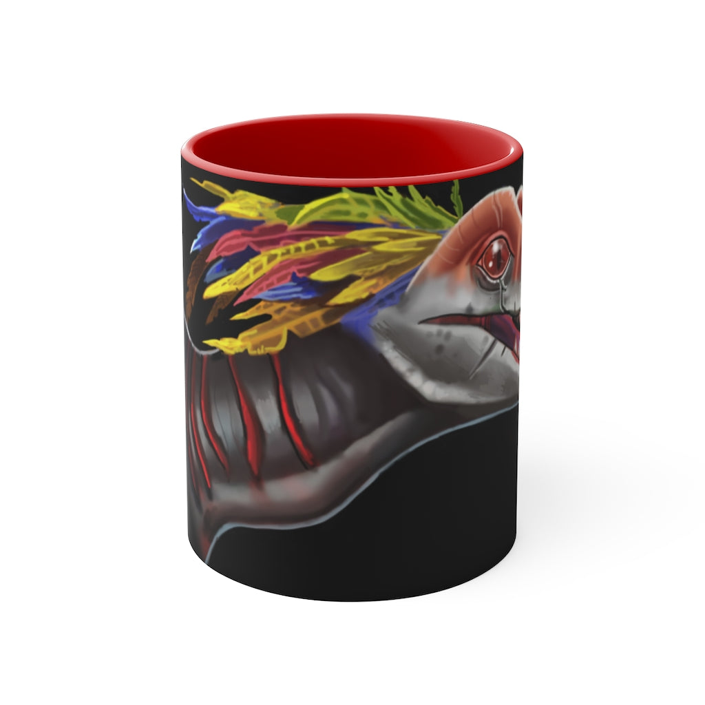 Feathered Raptor Accent Mug showcasing a white ceramic body with a colored interior and handle, available in red, pink, and black options.