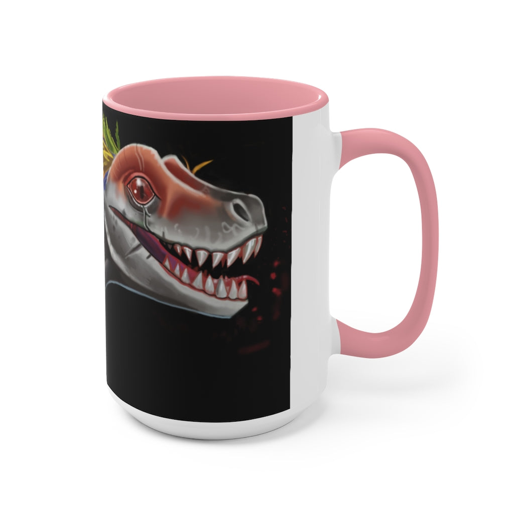 Feathered Raptor Accent Mug showcasing a white ceramic body with a colored interior and handle, available in red, pink, and black options.