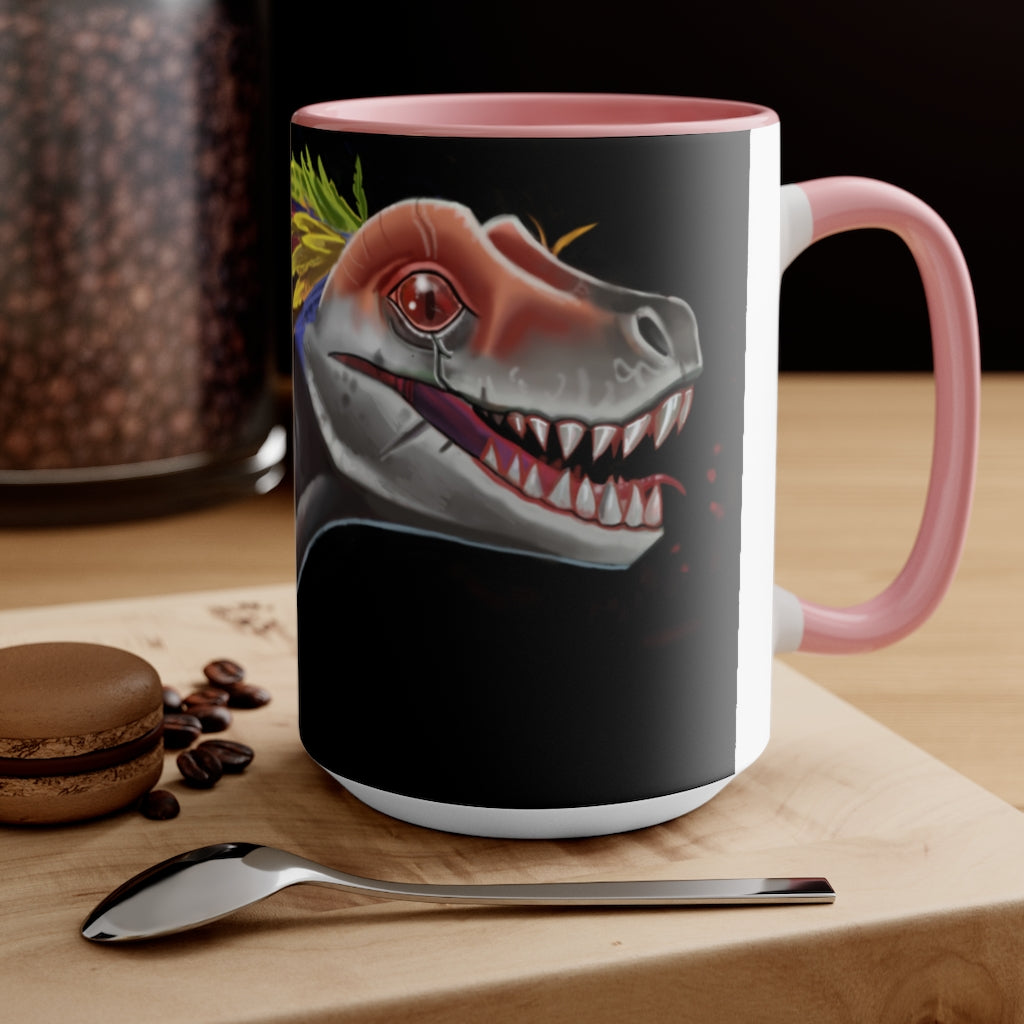 Feathered Raptor Accent Mug showcasing a white ceramic body with a colored interior and handle, available in red, pink, and black options.