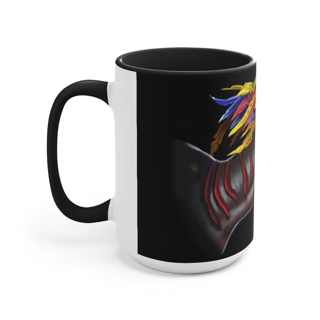 Feathered Raptor Accent Mug showcasing a white ceramic body with a colored interior and handle, available in red, pink, and black options.