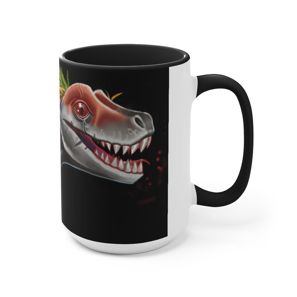 Feathered Raptor Accent Mug showcasing a white ceramic body with a colored interior and handle, available in red, pink, and black options.