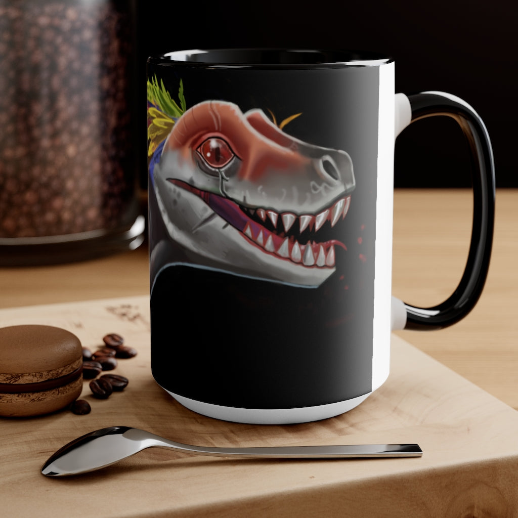 Feathered Raptor Accent Mug showcasing a white ceramic body with a colored interior and handle, available in red, pink, and black options.