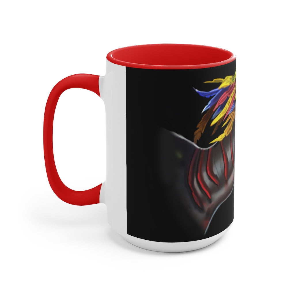 Feathered Raptor Accent Mug showcasing a white ceramic body with a colored interior and handle, available in red, pink, and black options.