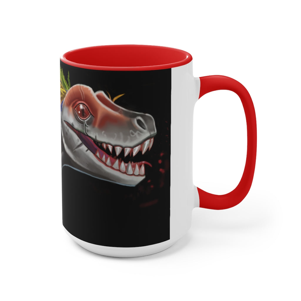 Feathered Raptor Accent Mug showcasing a white ceramic body with a colored interior and handle, available in red, pink, and black options.