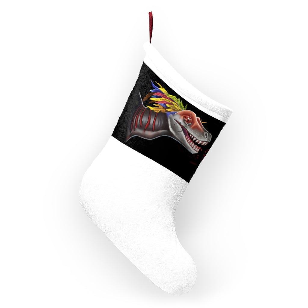 Feathered Raptor Christmas Stockings hanging by a fireplace, showcasing festive designs and a twill ribbon loop.