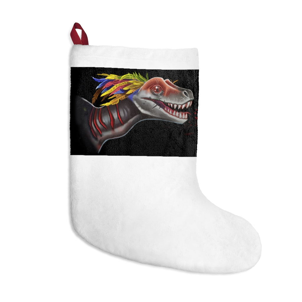 Feathered Raptor Christmas Stockings hanging by a fireplace, showcasing festive designs and a twill ribbon loop.