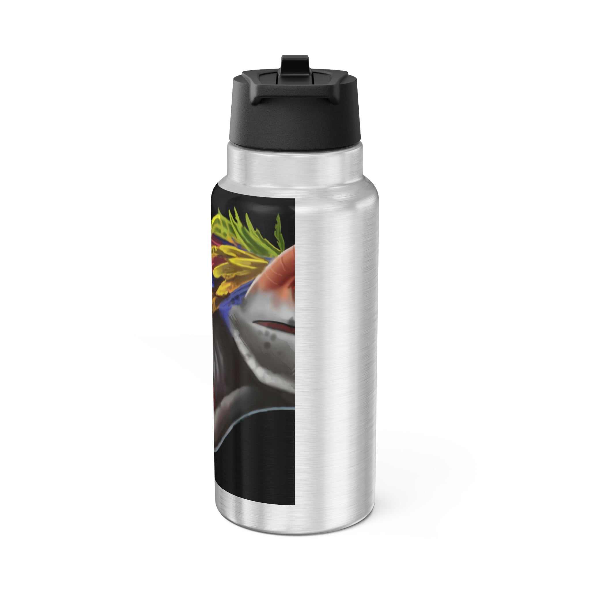 Feathered Raptor Gator Tumbler, 32oz, showcasing vibrant custom designs and a stainless steel finish with a plastic straw.